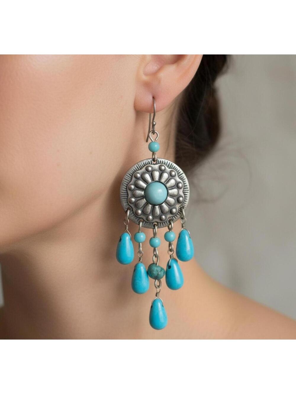 EARRINGS VTG Avon Dangle Turquoise On Silver Southwest Style 3”L